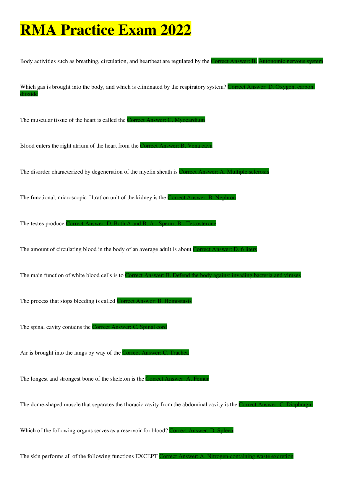 Preview of Registered Medical Assistant(RMA) PRACTICE TEST 2022 ALL ANSWERS CORRECT